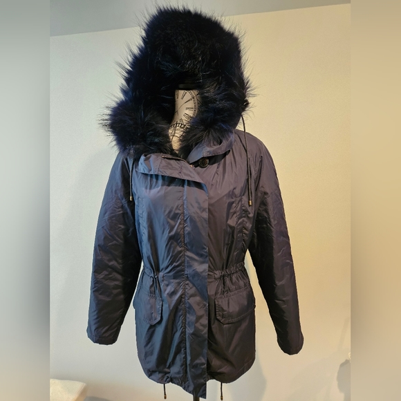 ⭐️ Army Yves Salomon genuine fur lined navy blue parka size 32 - Picture 2 of 16
